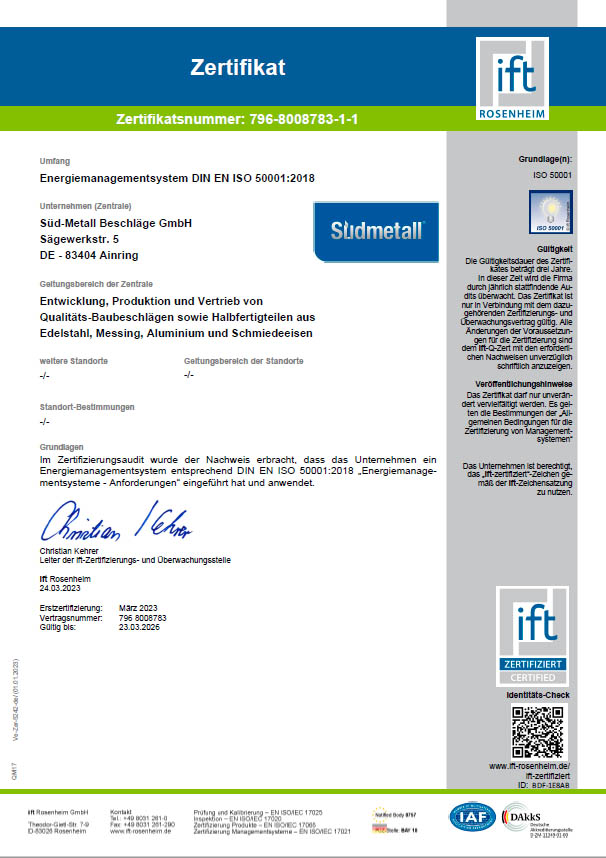 Zertifikat Energiemanagement DIN EN ISO 50001:2018 von Südmetall